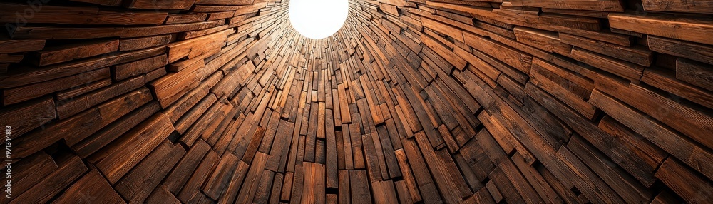 Poster a unique perspective of wooden planks arranged in a circular pattern, illuminated by natural light f