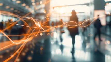 Abstract Blurred Image of People Walking with Orange Light Streaks