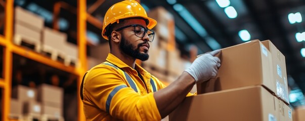 A warehouse worker performs logistics tasks, handling cardboard boxes with care in a modern storage facility.