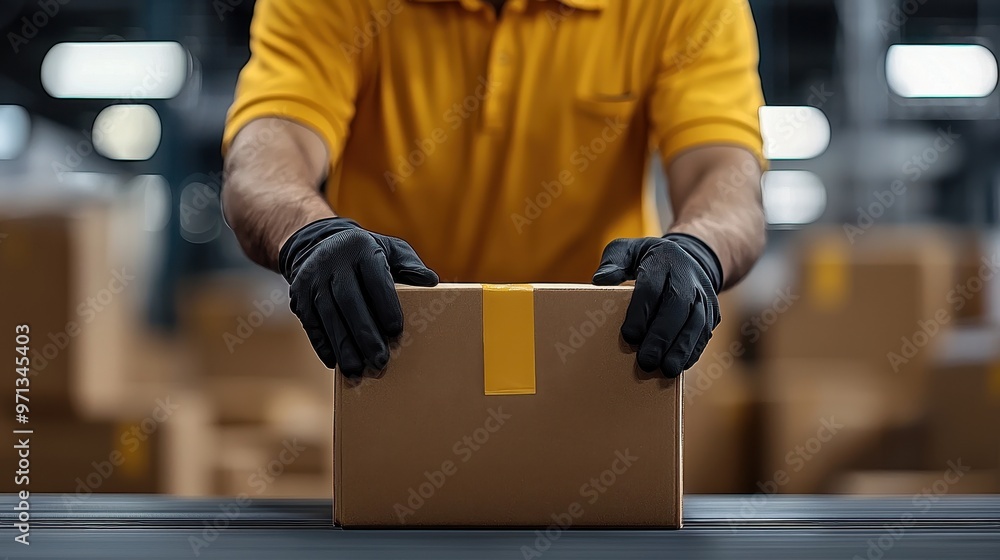 Poster a worker in gloves carefully handling a packed box in a warehouse environment, emphasizing logistics