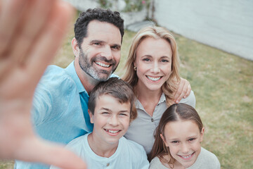 Family, portrait and selfie at home for bonding, relax and support together with social media on weekend. Parents, face and happy children at house for care, memory and love with fun break in Canada