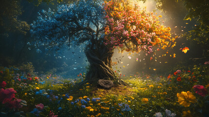 Vibrant tree with dual-colored blossoms in a magical garden
