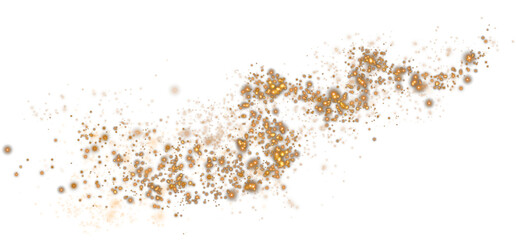 Golden glowing light effect with many glitter particles. Starry cloud with dust. Magic christmas decoration. Luminous bokeh softly shimmering golden light. Light abstract glowing lights. PNG.