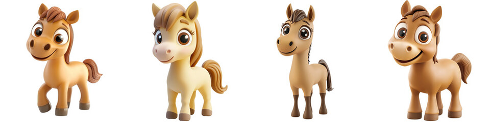 Fototapeta premium Four adorable cartoon horse characters, showcasing different colors and expressions, perfect for children's illustrations or designs.