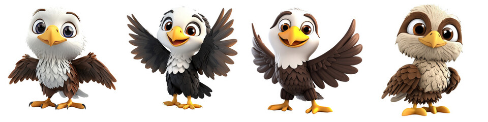 Naklejka premium Four adorable cartoon birds showcasing different colors and poses, perfect for projects related to nature or animation.