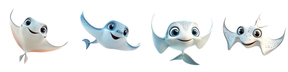 Obraz premium Four cheerful cartoon rays delightfully swimming, showcasing vibrant colors and playful expressions, perfect for children's designs.