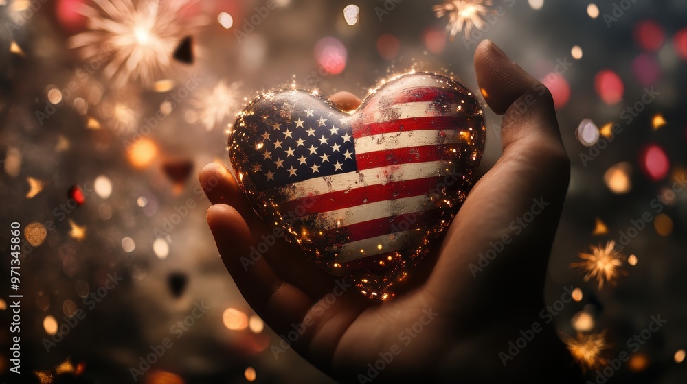 Wall mural Patriotism and Love: Hand Holding Heart Painted with American Flag in Front of Fireworks Display