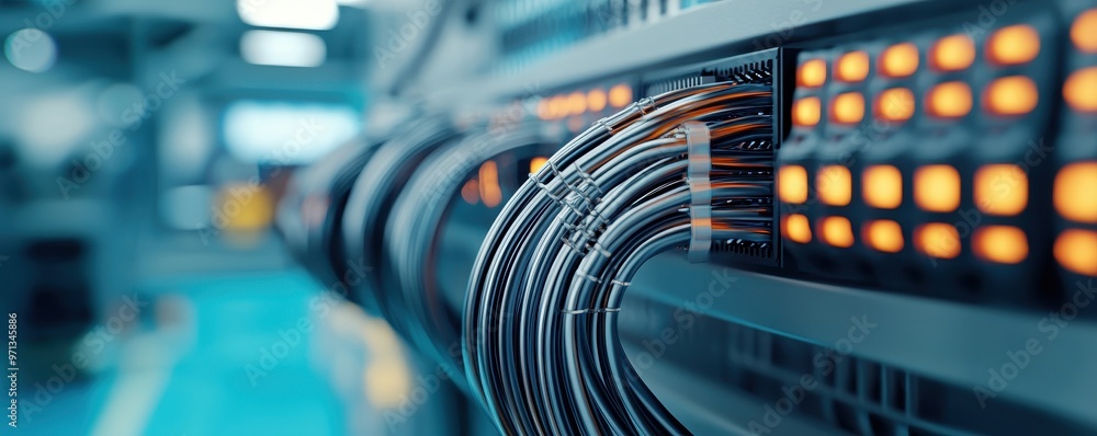 Poster close-up view of network cables connected to a server, illustrating modern data center technology an