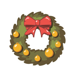 Isolated Christmas wreath in cartoon style. Holiday decoration icon. Simple template of traditional winter ornament. Greeting door decor. Celebration card art