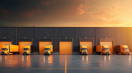 Modern distribution center at sunset with parked trucks waiting for loading and unloading operations in a logistical hub.