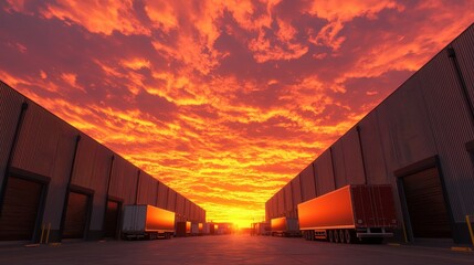 Obraz premium Stunning sunset illuminating a warehouse loading area, featuring trucks and dramatic sky with vibrant colors.