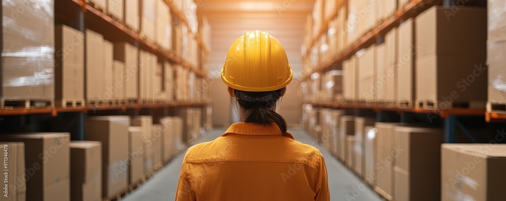 Poster warehouse worker in a hard hat overseeing stacked boxes in a spacious storage area, ensuring safety 