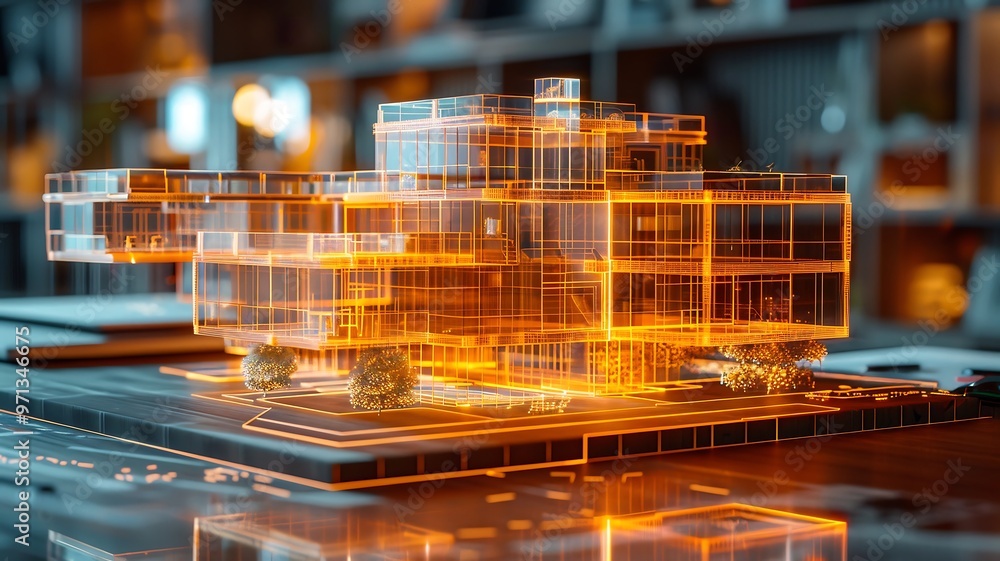 Poster futuristic technology concept innovation building blueprint with hologram design for architect plann
