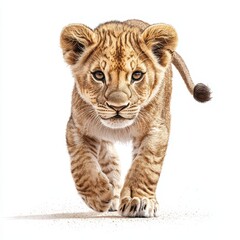 A captivating young lion cub running with determination, showcasing its impressive strength and vivid details.