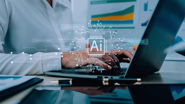 Ai technology, Artificial Intelligence. man using technology smart robot AI, artificial intelligence by enter command prompt for generates something, Futuristic technology transformation. Chat with AI