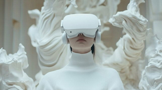 A person in a white turtleneck wears a large virtual reality headset. Behind them are flowing, abstract white shapes, creating a futuristic and immersive environment.