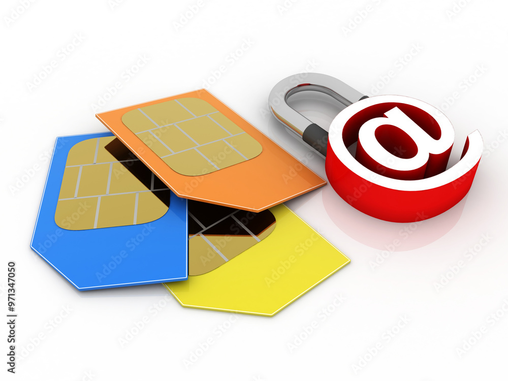 Poster 3d render sim card with e mail lock