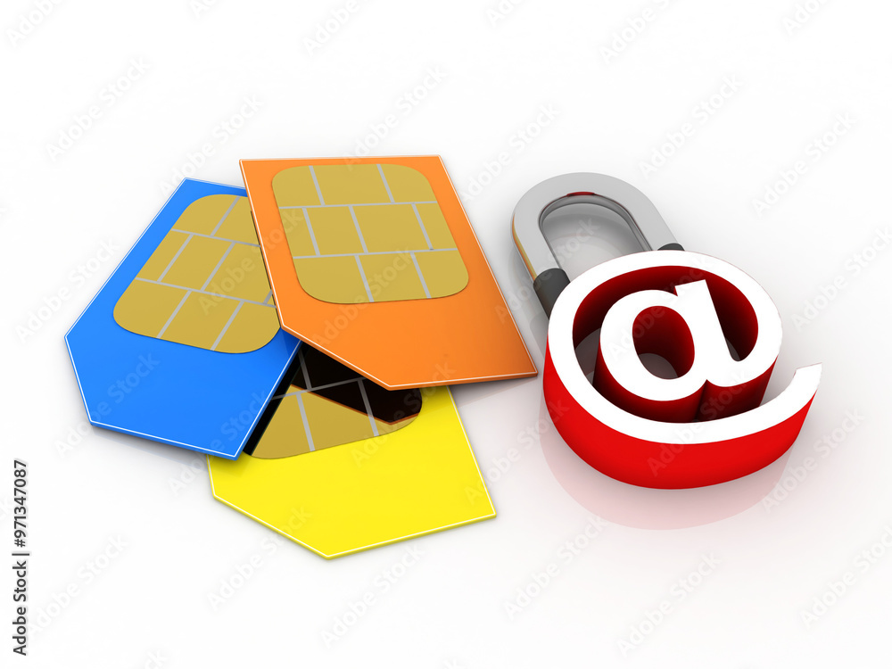 Poster 3d render sim card with e mail lock