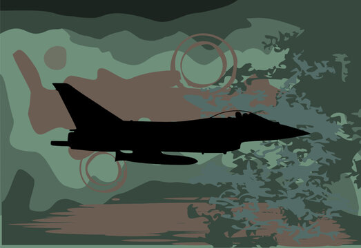 Camouflage Milit&auml;r Muster Hintergrund in Tarnfarben - Vektor Silhouette Kampfjet mit Bewaffnung - Verteidigung - Einsatz