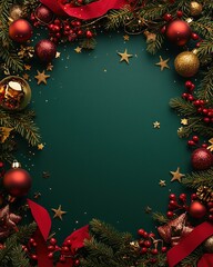 A festive wreath of evergreen branches adorned with ornaments and ribbons for Christmas celebration preparation