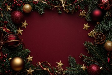 Festive Christmas decorations frame a deep burgundy background with ornaments, pine branches, and golden stars perfect for seasonal celebrations