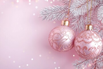 Pink holiday ornaments hanging on a snowy white branch against a soft pink background with sparkling bokeh lights