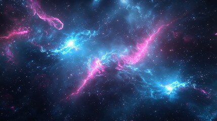 Obraz premium The background is a vibrant space scene, filled with bright stars, nebulae, and swirling interstellar dust clouds. Bright blue laser beams cut through the background.