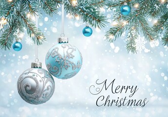 Sparkling Christmas ornaments hanging from evergreen branches with a light blue background and gently falling snowflakes