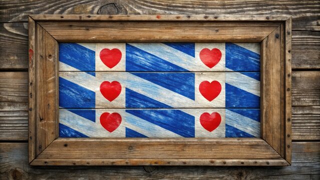 Flag of Friesland painted on rustic wooden frame, symbolizing regional pride and culture