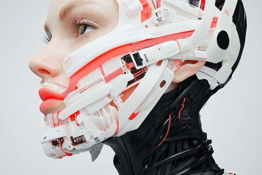 Autonomous systems adaptive algorithm biorobotics artificial synapse and optical computing female cyborg with white and red circuitry representing advanced technology and modern design