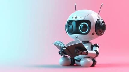 3D chat bot. Robot sits and reads books on pastel background