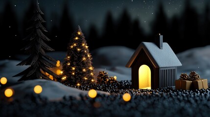 Fototapeta premium A cozy winter scene featuring a glowing house, decorated tree, and sparkling lights in a snowy landscape.