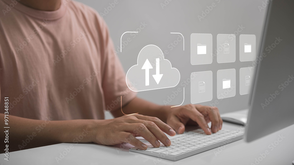 Fototapete Cloud Computing with Digital File Management, Person typing on keyboard with cloud icons, symbolizing online file management, cloud computing, and digital data transfer.