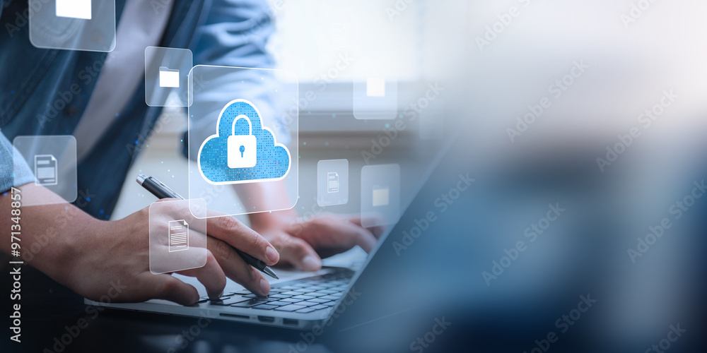 Fototapete Cloud Security with Digital File Protection. Person using laptop with a secure cloud icon, representing data protection, cybersecurity, and secure digital file management.