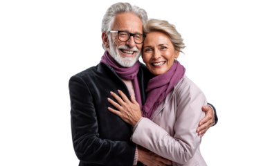 Portrait of a happy, smiling senior couple hugging each other, isolated on transparent background
