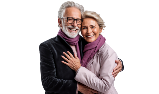 Portrait of a happy, smiling senior couple hugging each other, isolated on transparent background