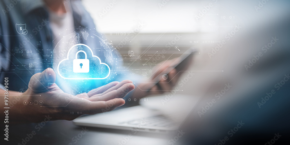 Leinwandbilder cloud security and digital data protection. hand holding a secure cloud icon with financial, documen