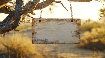 Weathered wooden sign hanging from a tree in a desert landscape