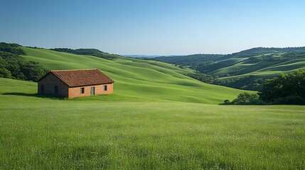 Obraz premium Tranquil countryside landscape with rolling hills and farm fields