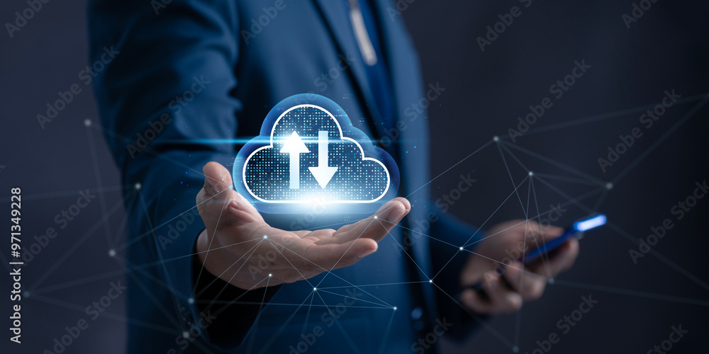 Poster Cloud Computing and Data Transfer Technology. Businessman holding a cloud icon with upload and download arrows, symbolizing cloud computing, data transfer, and digital connectivity.