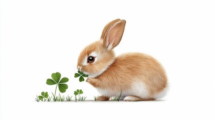 Obraz premium A cute rabbit munching on clover leaves, symbolizing spring and nature's beauty in a serene environment.