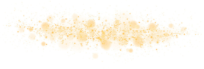 Golden glowing light effect with many glitter particles. Starry cloud with dust. Magic christmas decoration. Luminous bokeh softly shimmering golden light. Light abstract glowing lights. PNG.