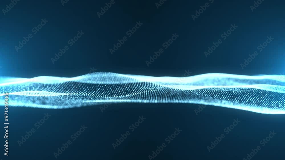 Poster abstract digital glowing wave of particles and dots moving on blue background, big data visualizatio