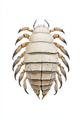 A detailed macro shot of a white isopod, showcasing its unique anatomy against a clean background.