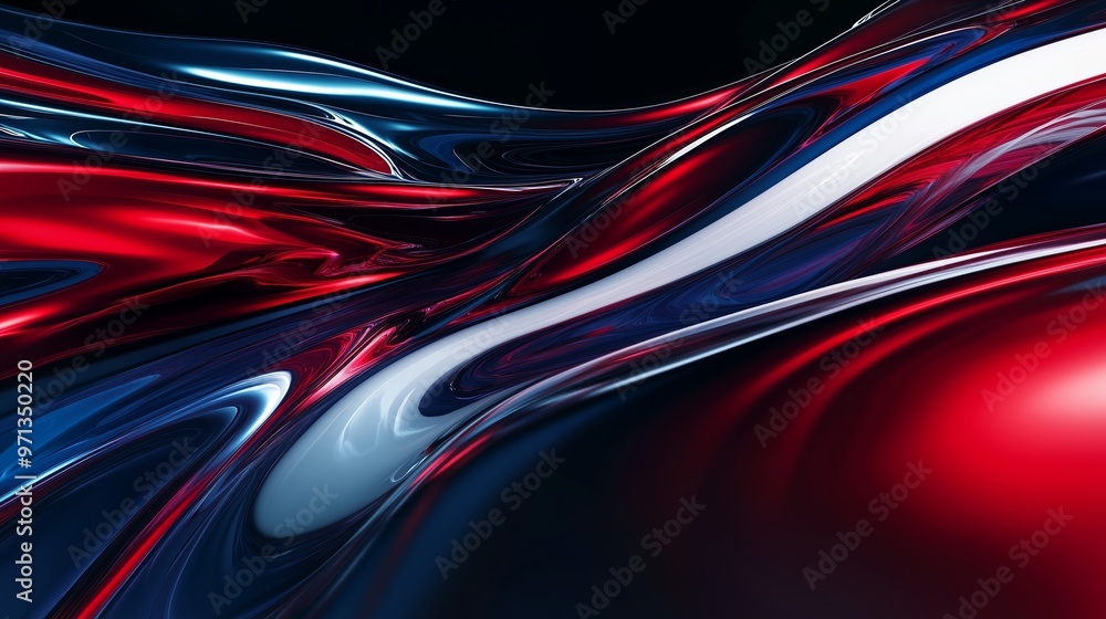 Poster dynamic fluid abstract art with swirling red and blue colors, creating a visually striking pattern o