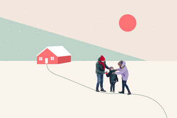 Composite artwork sketch collage of winter season advent Christmas holiday family father mother son...