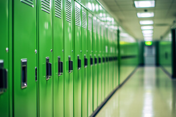 A row of clean school green lockers in a hallway
