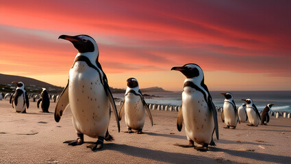 Title: African Penguins on the Sandy Coast at Sunset

