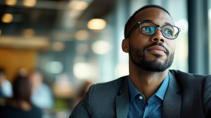 Millennial businessman listening to team suggestions in an open-plan office environment assessing input before making key business decisions professional attire