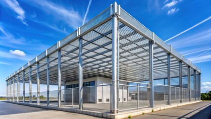 Obraz premium Steel-clad industrial building with lattice structure, gray galvanized nets, and a silver background, contrasting with blue sky and terrace pergola in the foreground